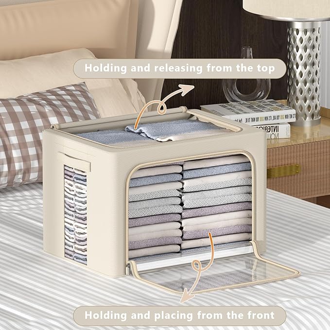 3Pack Frame Storage Box - Clothes Storage Bin Bags Oxford Fabric Foldable Stackable Container Organizer Set with Clear Window & Carry Handles Large Capacity (Beige, Small-22L)