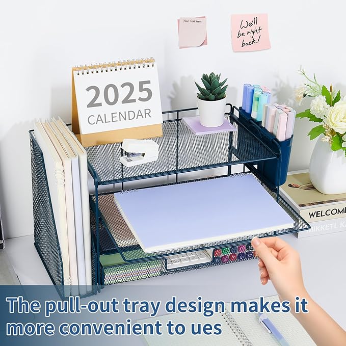 OPNICE Desk Organizer, 4-Tier Desktop File Organizer with Drawer and 2 Pen Holders, Office Desk Accessories, File Sorters