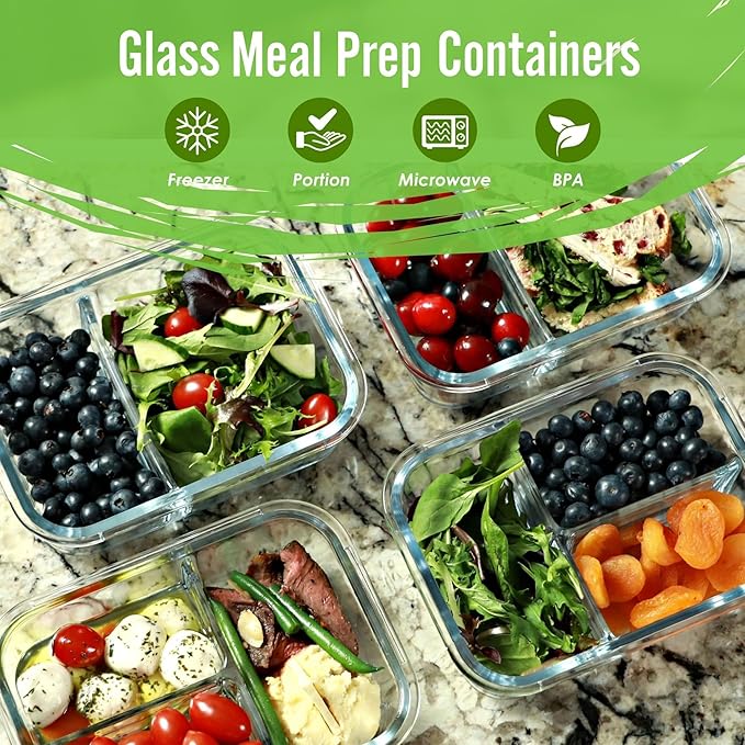 FIT Strong & Healthy Glass Meal Prep Containers, 2 & 3 Compartments - Portion Control, Lunch Container Set, Food Storage, Airtight Lids