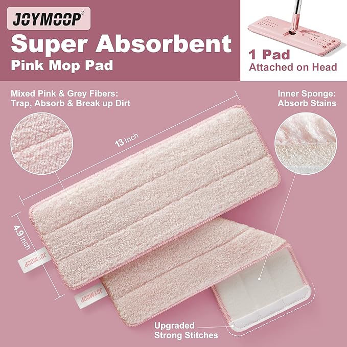JOYMOOP Flat Mop, Microfiber Mops for Floor Cleaning, 60" Long Handle with Flexible 13" Flat Head, Pink