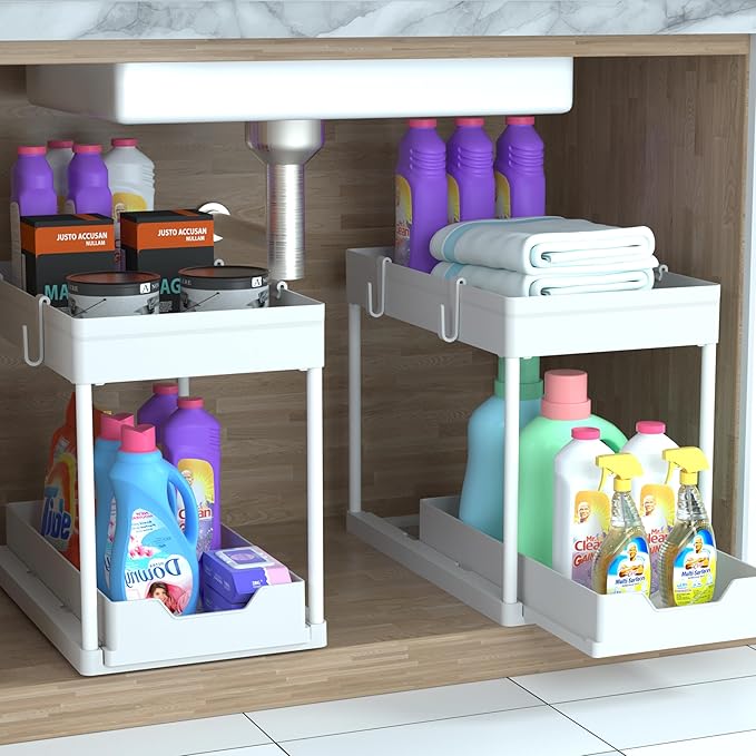 Cabinet, 2 Pack Under Sink Organizer, 2 Tier Sliding Bathroom Kitchen Organizer