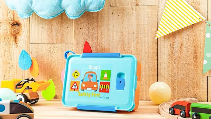 Zak Designs Blippi Reusable Plastic Bento Box with Leak-Proof Seal, Carrying Handle, Microwave Steam Vent, and Individual Containers for Kids' Packed Lunch (3-Piece Set)