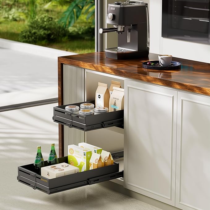 Pull Out Cabinet Organizer, Expandable Width 8"-13", Heavy Duty Metal Slide Out Drawers for Cabinets, Expandable Cabinet Pull Out Shelves for Kitchen, Pantry, Bathroom, Black