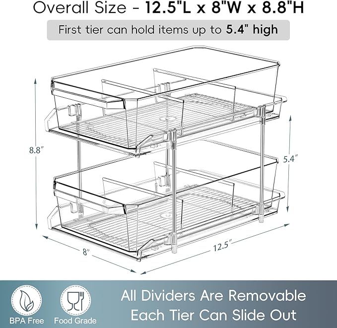 2 Tier Clear Organizer with Dividers for Cabinet, Shlef, Counter