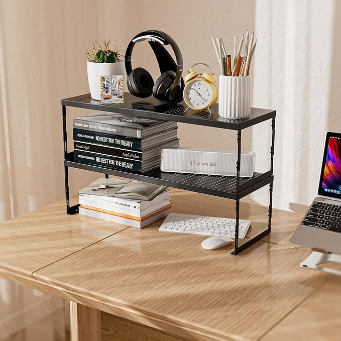 Stackable Expandable Metal Shelf Organizer - Adjustable Wire Storage Rack with Holes for Kitchen, Bathroom, Cabinet, Office - Space Saving, Durable & Sturdy Design（1PACK/Medium/Black
