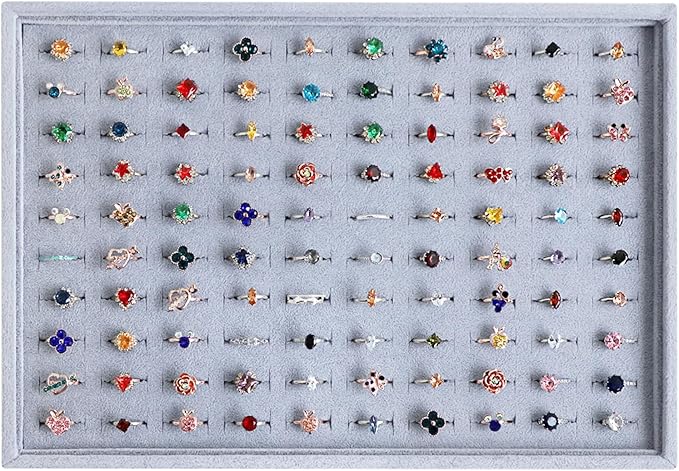 Wudygirl 100 Slots Ring Organizer Tray Velvet Ring Holder Jewelry Display Drawer Insert Jewelry Storage Tray (Gray)