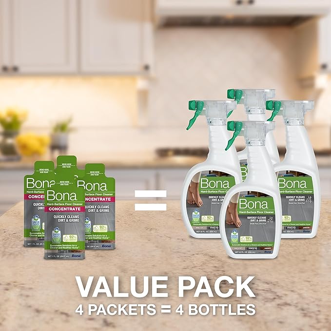 Bona Multi-Surface Floor Cleaner Concentrate - 1 fl oz - 4-Pack - Residue-Free Floor Cleaning Solution for Bona Spray Mop and Spray Bottle Refill - For Stone, Tile, Laminate, and Vinyl Floors