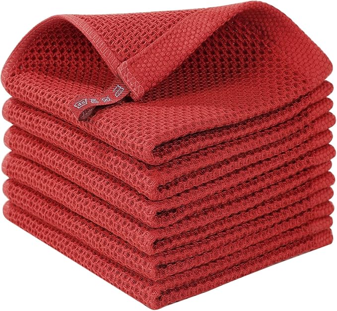 Homaxy 100% Cotton Waffle Weave Kitchen Dish Cloths, Ultra Soft Absorbent Quick Drying Dish Towels, 12 x 12 Inches, 6-Pack, Brick Red