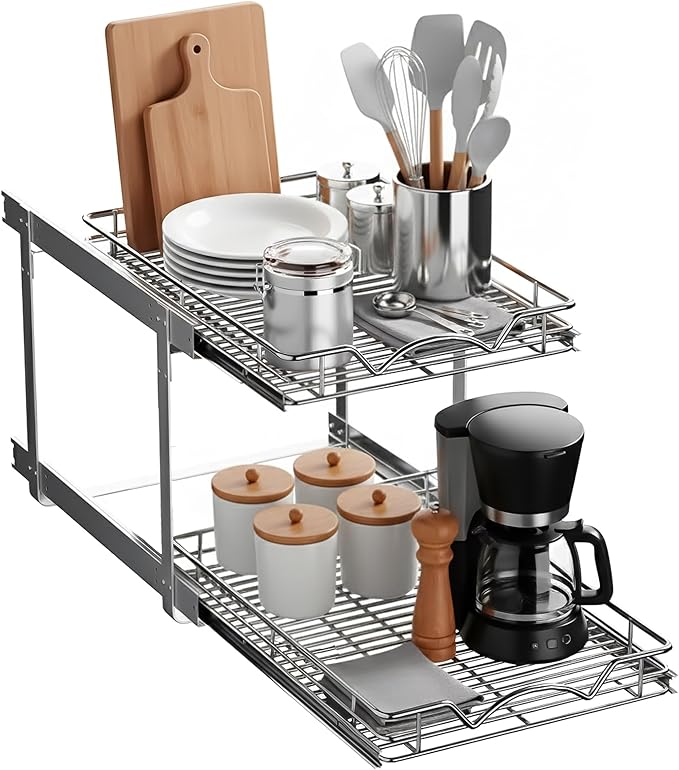 2-Tier Pull-Out Cabinet Organizer with Heavy-Duty Steel Frame, Full-Extension Sliding Shelves, Holds 100 lbs, Easy Install for Kitchen