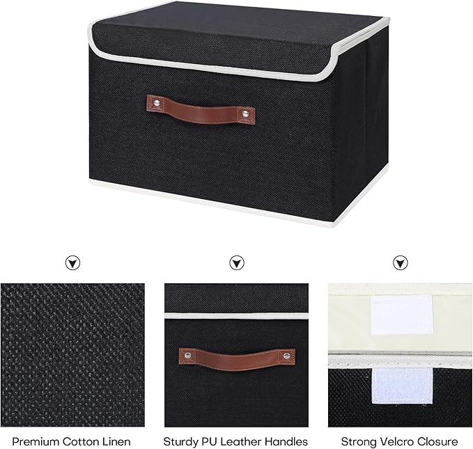 ANMINY Storage Bin with Lid Storage Boxes with PU Leather Handles PP Plastic Board Decorative Foldable Lidded Cotton Linen Fabric Home Cubes Baskets