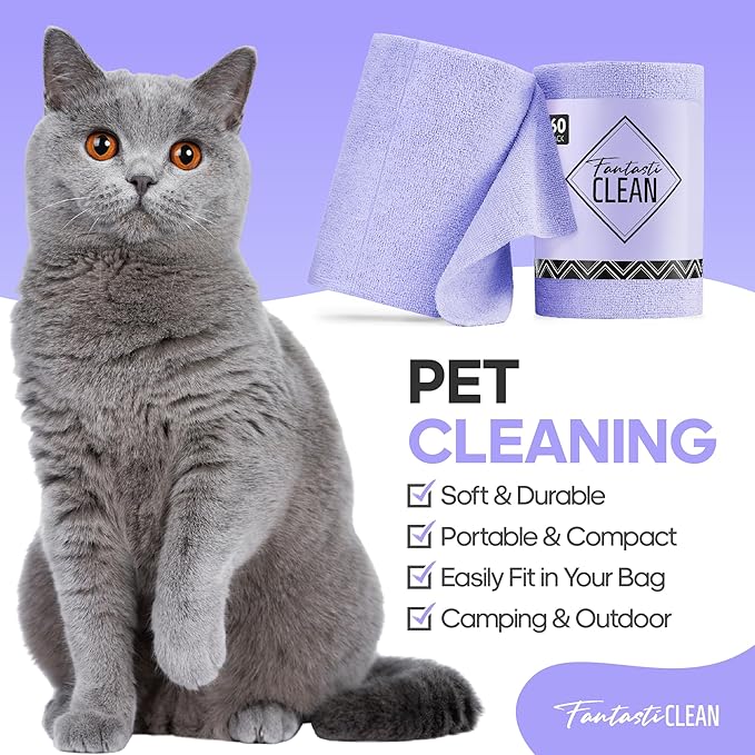 Fantasticlean Microfiber Cleaning Cloth Roll -60 Pack, Tear Away Paperless Towels, 8" x 8", Reusable Washable Rags, for House Kitchen, Pet, Office, Indoor Outdoor, Compact and Portable (Light-Purple)