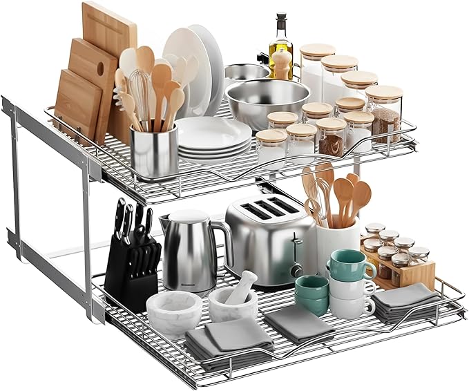 2-Tier Pull-Out Cabinet Organizer with Heavy-Duty Steel Frame, Full-Extension Sliding Shelves, Holds 100 lbs, Easy Install for Kitchen
