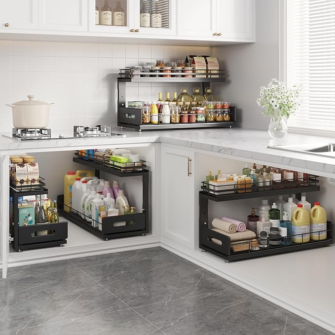 Under Sink Organizer Upgrade To Professional Rails,2-Tier Dual Pull Out Cabinet Storage,Height Adjustable Slide Out Drawers For Bathroom Kitchen