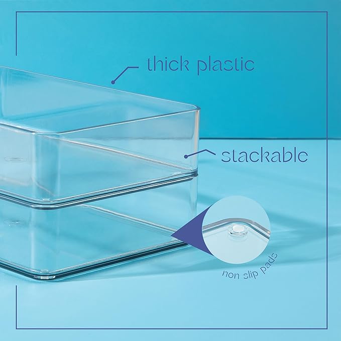 primebox Plastic Clear Acrylic Drawer Organizers. Bathroom, Kitchen, Bedroom, Utensils, Office Organizer Bins, Storage Trays. Heavy Duty, Stackable. 12" x 6" x 2" Set of 6