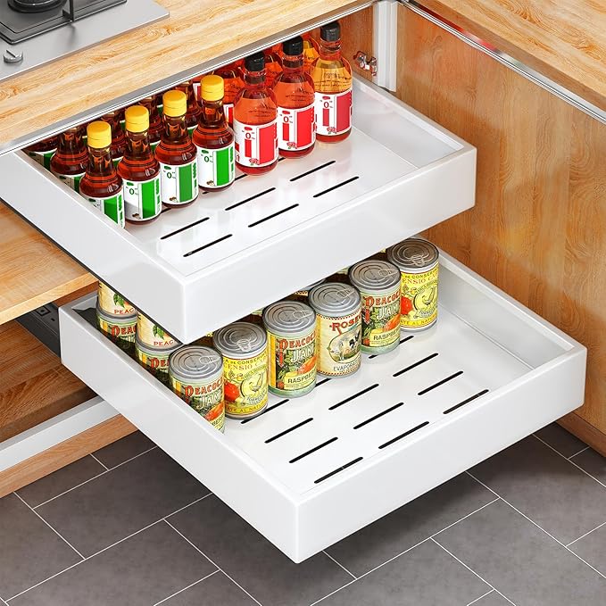 Pull out Cabinet Organizer, 21"Deep, 16.9"Wide Full-Extension Heavy Duty Slide out Drawers with Nano Adhesive, Roll Out Shelf Sliding Cabinet Storage for Kitchen, Bathroom, Pantry, Under Sink(White)