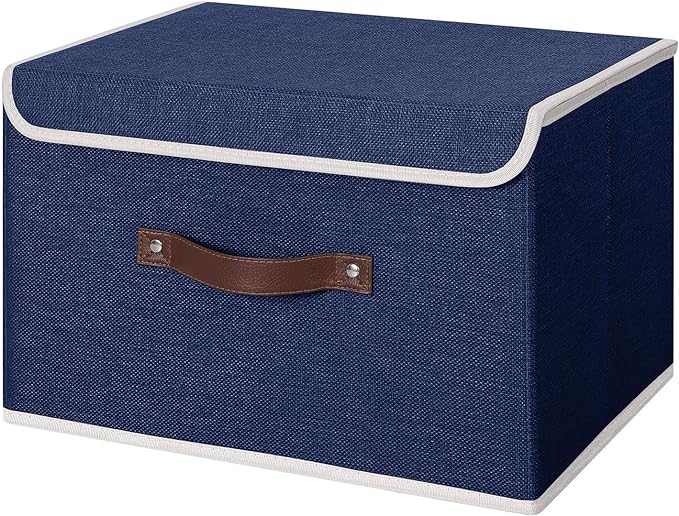 ANMINY Storage Bin with Lid Storage Boxes with PU Leather Handles PP Plastic Board Decorative Foldable Lidded Cotton Linen Fabric Home Cubes Baskets