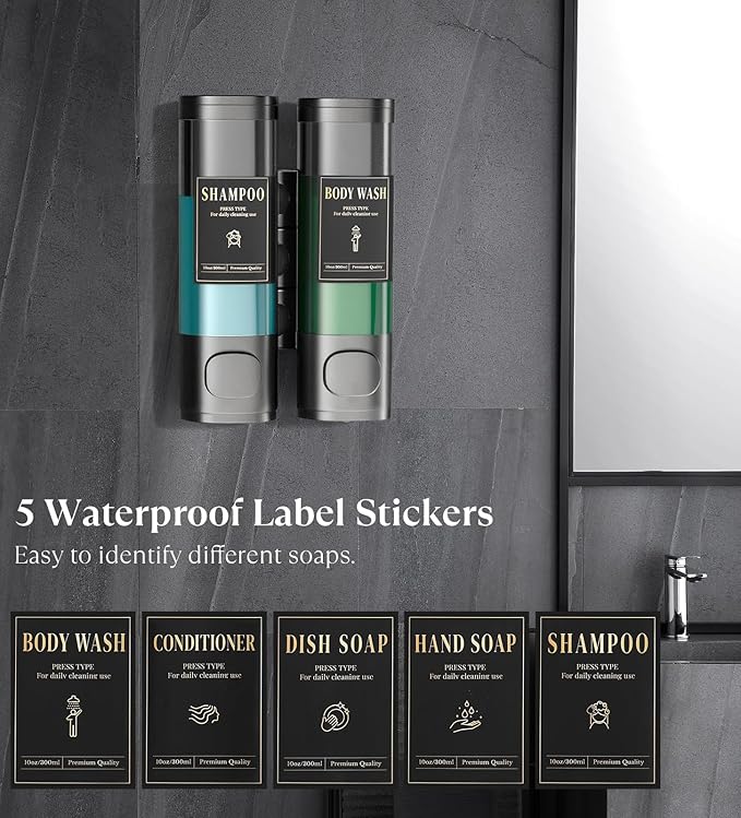 Luxspire Shampoo and Conditioner Dispenser, No Drill Wall Mounted Shower Soap Dispenser 2 Chamber with Waterproof Labels, Easy Refill Soap Dispenser for Bathroom Hotel Kitchen, Gray