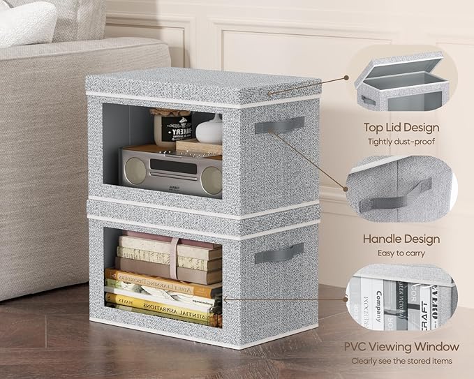 Homsorout Collapsible Storage Bins with Lids - Stackable Storage Containers with Window, 6 Pack Fabric Cube Bins for Closet, Home & Office Organization Baskets, Light Gray, 14.9" x 9.8" x 9.8"