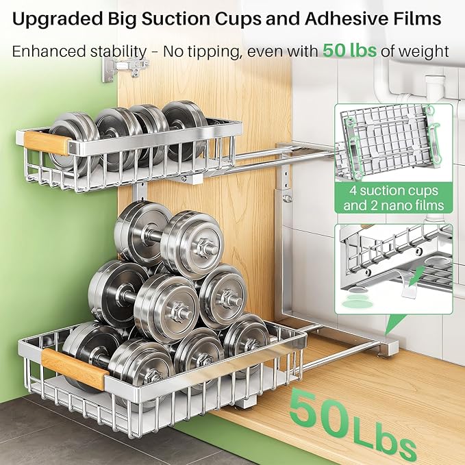 Under Sink Organizer, Stainless Steel 2 Packs 2 Tier Under Sink Organizers and Storage, Slide out Pull out Cabinet Shelf