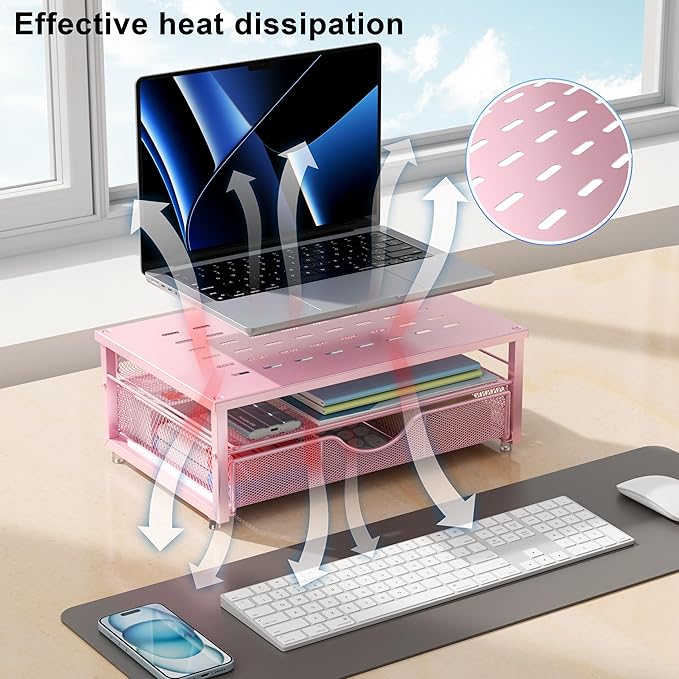 Computer Monitor Stand Riser, Office organizer with Drawer, Pink