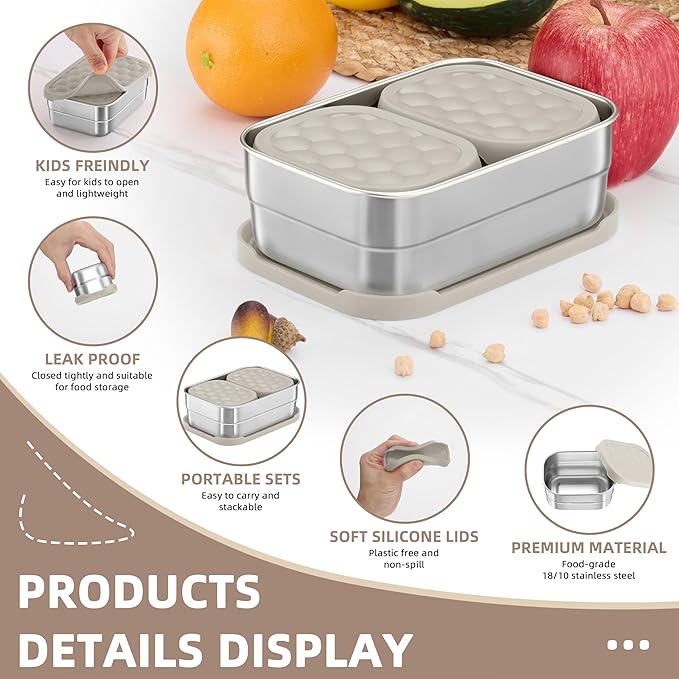 HaWare Stainless Steel Lunch Box Containers for Kids, Leak Proof Food Storage Containers with Khaki Silicone Lids