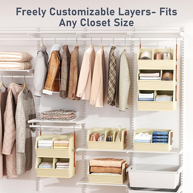 Hanging Closet Organizer Extra Large, Clothes Hanging Shelves for Closet with Divider, Collapsible Closet Storage System, Fabric Storage Bins for Home