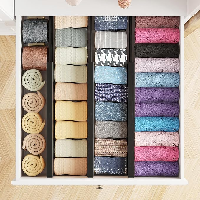 SpaceAid Bamboo Dresser Drawer Dividers 6 Pack, 4.65“ High Adjustable 12.5“-17” Drawer Organizers, Expandable Organization for Clothing, Clothes