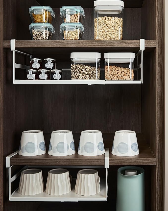 Under Shelf Storage Basket, 2 Pack Hanging Baskets Under Cabinet Shelf Organizer, Expandable Add-On Space Saver Pantry Kitchen Bookshelf Cupboard Slide-in White Heavy-Duty