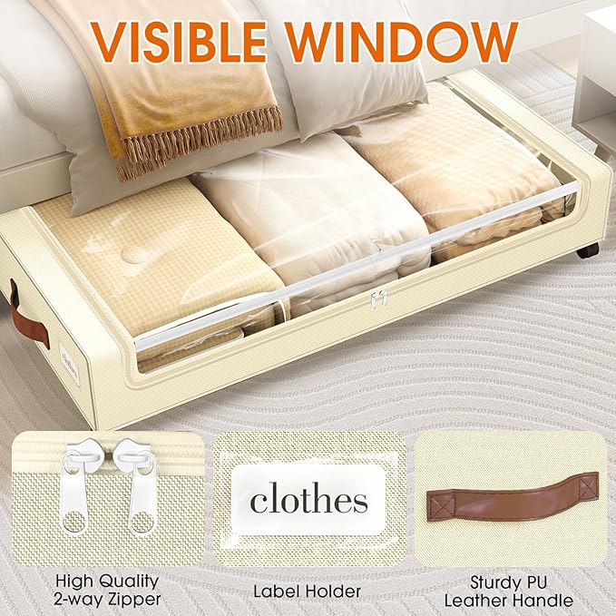 SpaceHacks 3 Pack Under Bed Storage - Large Capacity, Rolling Drawers for Clothes & Blankets (Beige)