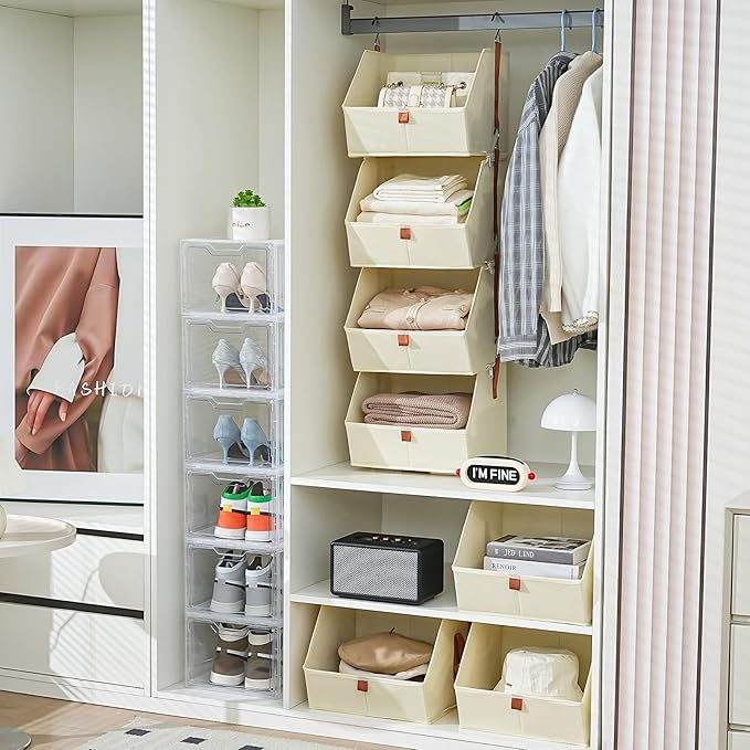 4 Tier Hanging Closet Organizer,Disassemblable Clothes Hanging Shelves,Fabric Closet Organizer System for Space-Saving,Foldable Storage Basket for Bedroom, Rv (2 Pack,Beige)