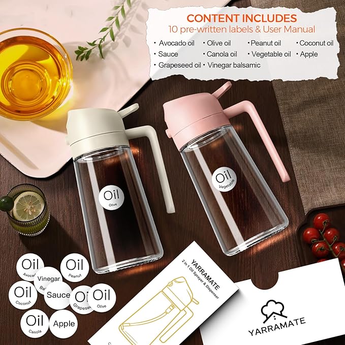 YARRAMATE 16oz/470ml Glass Olive Oil Sprayer for Cooking with Stickers, 2 in 1 Oil Dispenser for Kitchen Gadgets