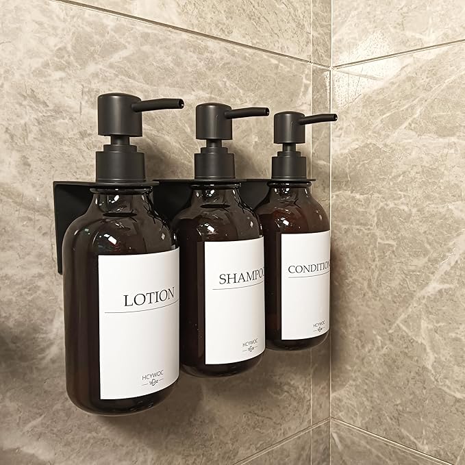 Shampoo Dispenser for Shower Wall, Shampoo and Conditioner Dispenser with 16 Waterproof Labels, No Drill Shower Soap Dispenser Bathroom, Shower Soap Dispenser Wall Mounted,17oz, 3 Pack, Amber