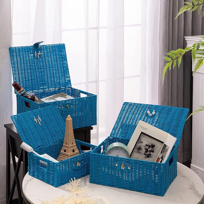 Set of 3 Woven Wicker Storage Basket Box with Lids & Lock, Blue