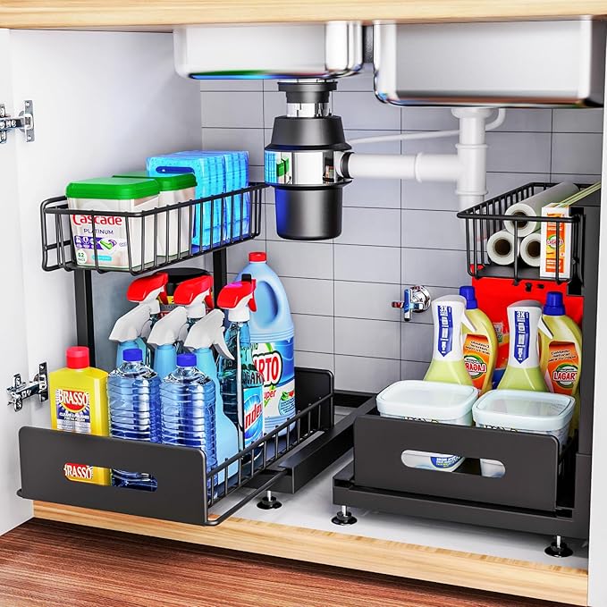 2 Pack Under Sink Organizers and Storage,Pull Out Cabinet Organizer,2-Tier Sliding Out Kitchen Basket Sink Shelf Cabinet Organizers Adjustable L Shape Counter Organizers for Bathroom Kitchen (Black)