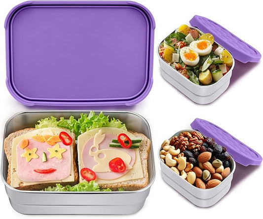 Homikit 3 Pack Kids Lunch Box Set, 18/10 Stainless Steel Bento Boxes with Silicone Lids Leak Proof