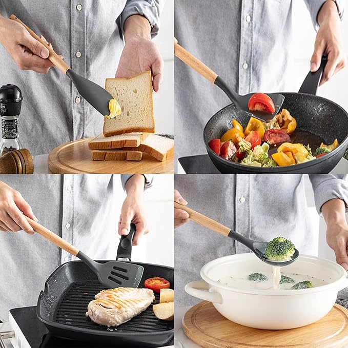 Kitchen Cooking Utensils Set, 12-piece Silicone Kitchen Utensils Set Non-stick Cookware set Is Heat-resistant, BPA-Free, Kitchen Tools set, spoon,spatula(Grey)