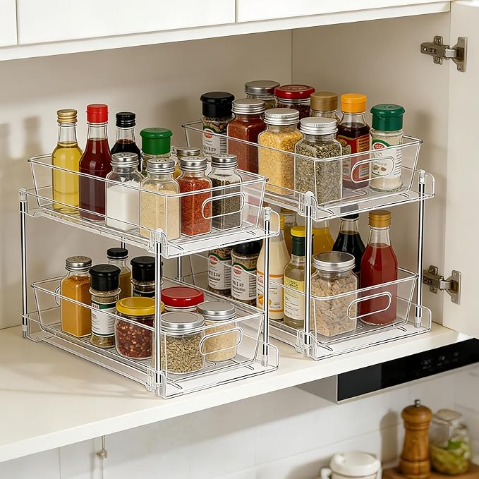 2 Tier Under Sink Organizer Bathroom Organizers and Storage, Clear Stackable Bathroom Cabinet Organizer, Multipurpose Pull-Out Home Organizer for Kitchen and Pantry Storage 4 Pack