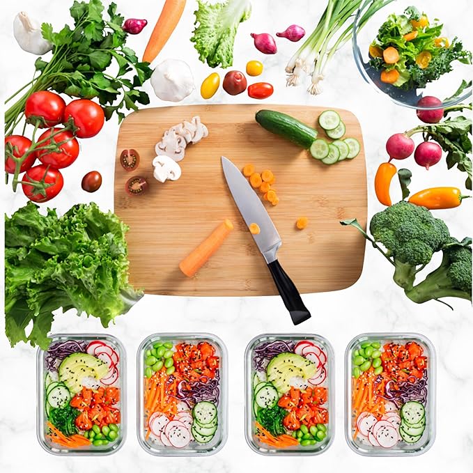 ECOBERI 4.5 Cup Glass Meal Prep Containers with Lids & Silicone Sleeves, 5-Pack Airtight, Leak-Resistant Food Storage Containers for Fridge, Freezer