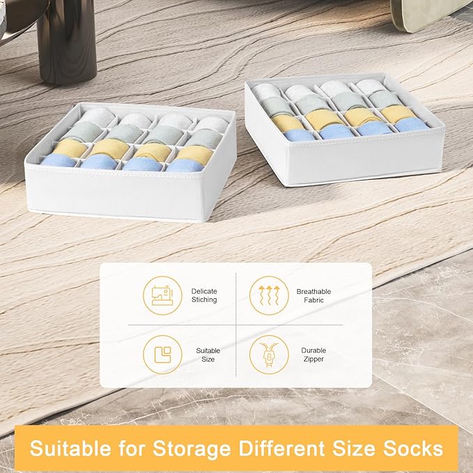 Joyoldelf Sock Drawer Organizer Divider, 16-Cell Underwear Organizers and Storage Fabric Drawer Organizer for Socks, Lingerie, Handkerchiefs, Ties Black, 2 Packs (White)