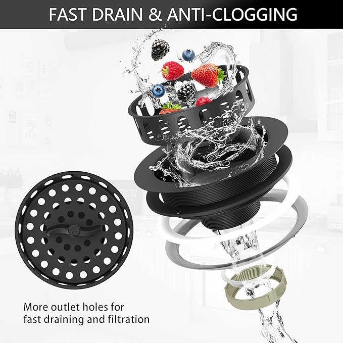 Black Sink Drain Kit - 3.5" Stainless Basket & Stopper for Kitchen Sink