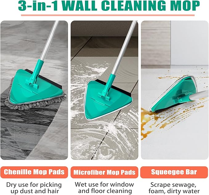 JEHONN Wall Cleaner Mop with Long Handle 82 Inches, 3-in-1 Ceiling Cleaning Tool Duster with 6 Replacement Microfiber Chenille Pads for Painted Walls, Baseboard, Window, Floor (Green)
