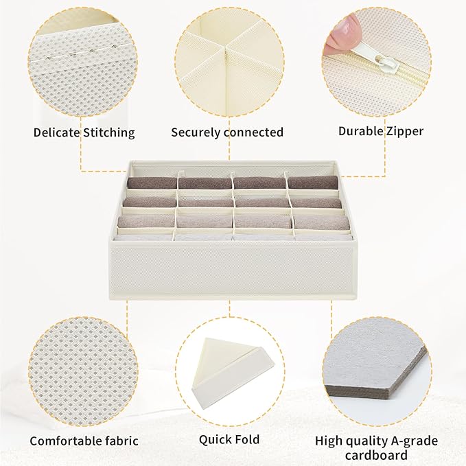 Joyoldelf Sock Drawer Organizer Divider Underwear Organizer 16-cell Fabric Dresser Drawer Organizers Storage Boxes for Socks Lingerie, Handkerchiefs, Ties 4 Pack (Beige)
