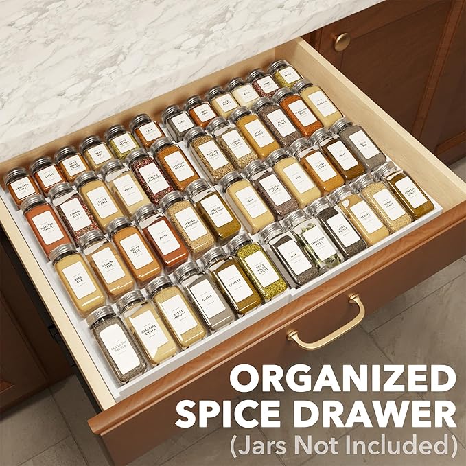 SpaceAid Bamboo White Spice Drawer Organizer, (Need 3" Deep Drawer) Expandable 4 Tier Spices Rack for Cabinet, Kitchen Seasoning Storage Insert (Jars Not Included, From 12" to 23" Wide)