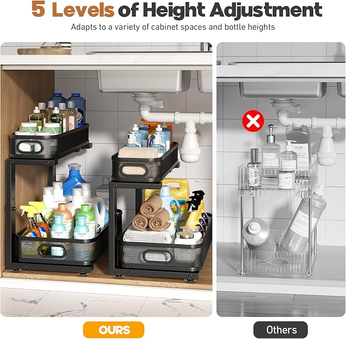 2 Pack 17.3IN-Depth Under Sink Organizer with Smooth Cylindrical Rail,2-Tier Pull Out Multi-Purpose Cabinet Storage for Bathroom&Kitchen,Height Adjustable,Rust-Resistant Coating-Black