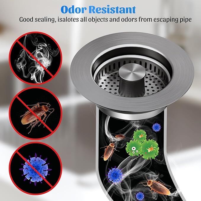NinjaTiger Kitchen Sink Strainer - 2 Pack, 3-in-1 Stainless Steel Stopper