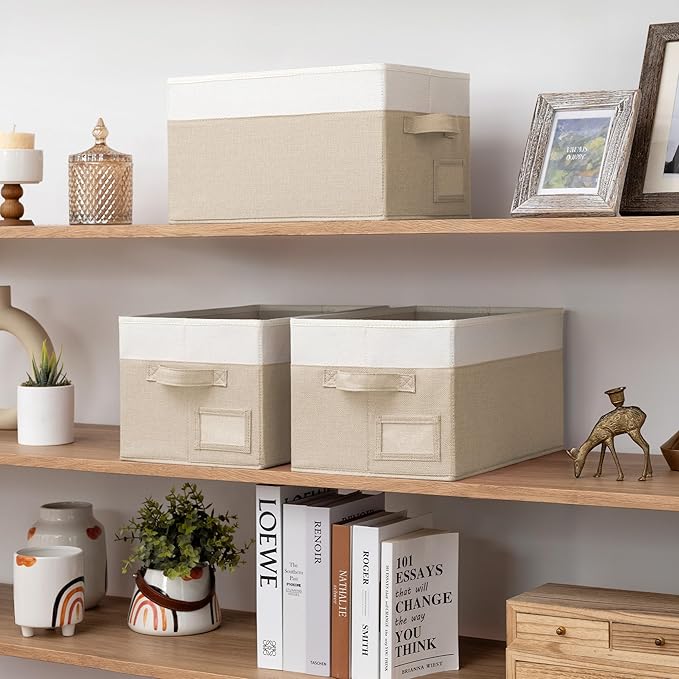 GRANNY SAYS Shelf Storage Baskets, Fabric Storage Bins for Clothes, Closet Storage Boxes with Handles, Collapsible Storage Containers for Bedroom and Living Room, Khaki&Ivory, Medium, 3-Pack
