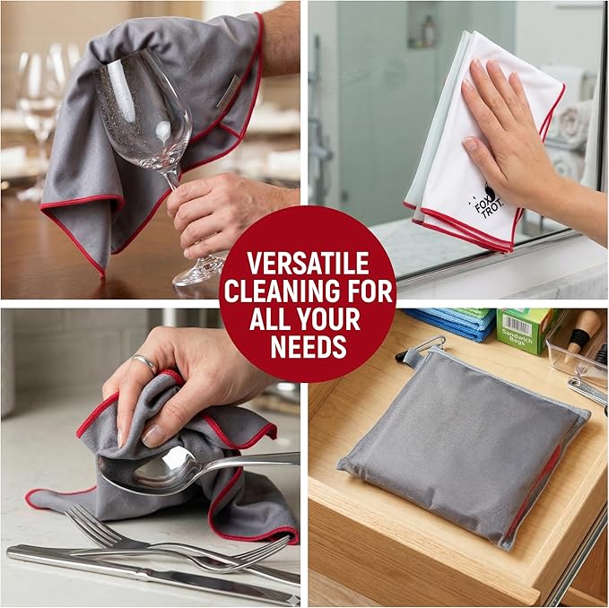 Fox Trot Wine Glass Polishing Cloths (8 Pack) with Storage Pouch | Large Microfiber Glass Drying Towel | Lint Free, Streak Free Shine for Stemware, Crystal & Glassware | 23" L x 20" W