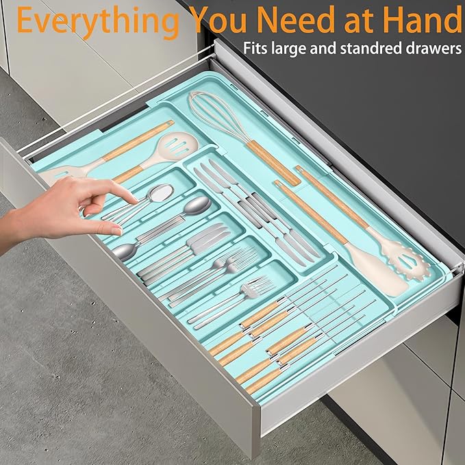 Homecor Silverware Organizer - Expandable Large Kitchen Drawer Organizer Utensil Organizer with 2 Knife Block Inserts, 22"x 19"Cutlery Tray with Drawer Dividers for Kitchen Flatware (Turquoise)