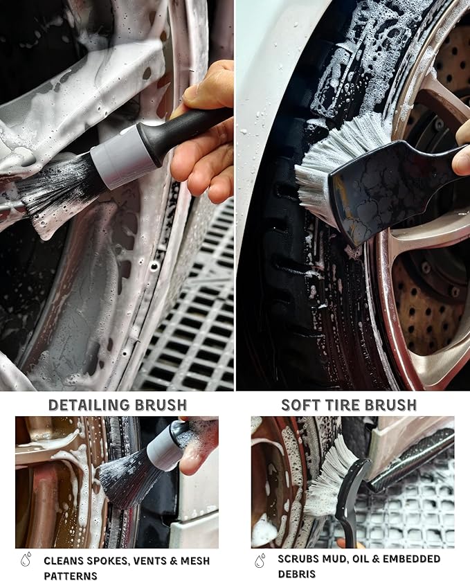oesee 8PCS Pro Wheel Cleaning Kit - Woolies Brushes, Detailing Brush, Tire Brush, Wash Mitt, Drying Towel & Carry on Bag - Scratch-Free Rim Cleaning Kit