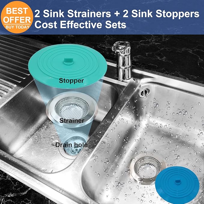 V-TOP Kitchen Drain Strainer Stopper 4 Pack, Universal 6 Inch Silicone Plug Anti-Clogging Stopper Cover